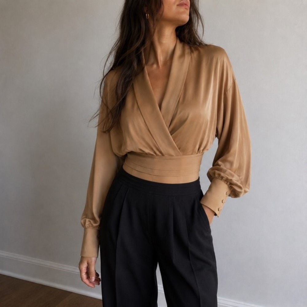 Karen Millen Camel Satin Batwing Wrap Bodysuit Size 8 Quiet Luxury Old Money